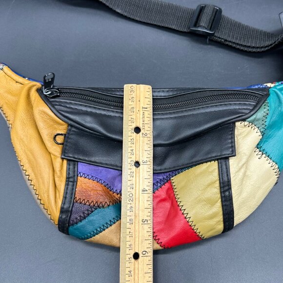 Vintage Leather Patchwork Fanny Pack Waist Bag Adjustable Strap Multi Color 90s - Picture 8 of 9